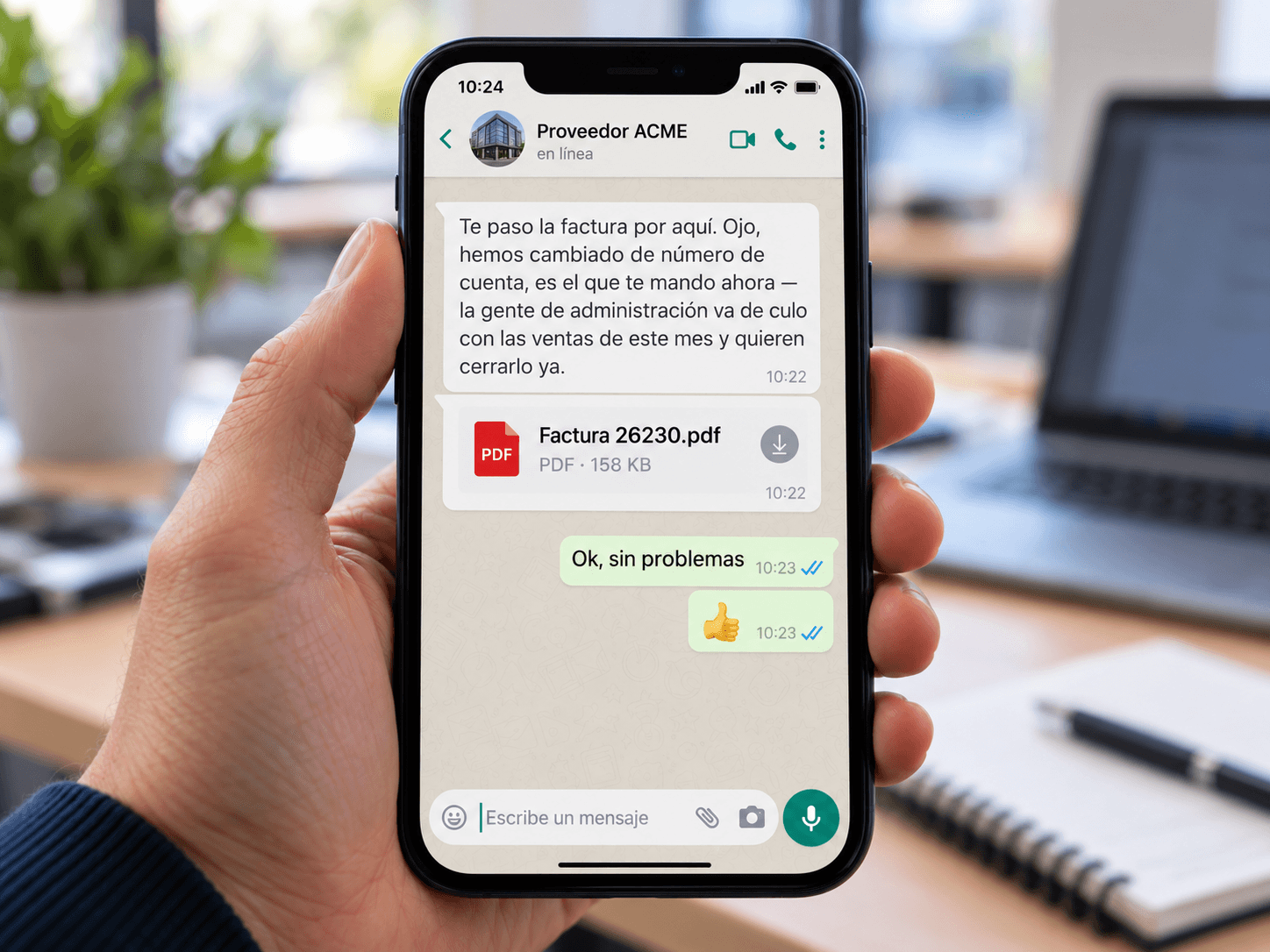Pantalla de móvil mostrando una conversación de WhatsApp abierta con un contacto guardado, pidiendo el número de cuenta para una factura.